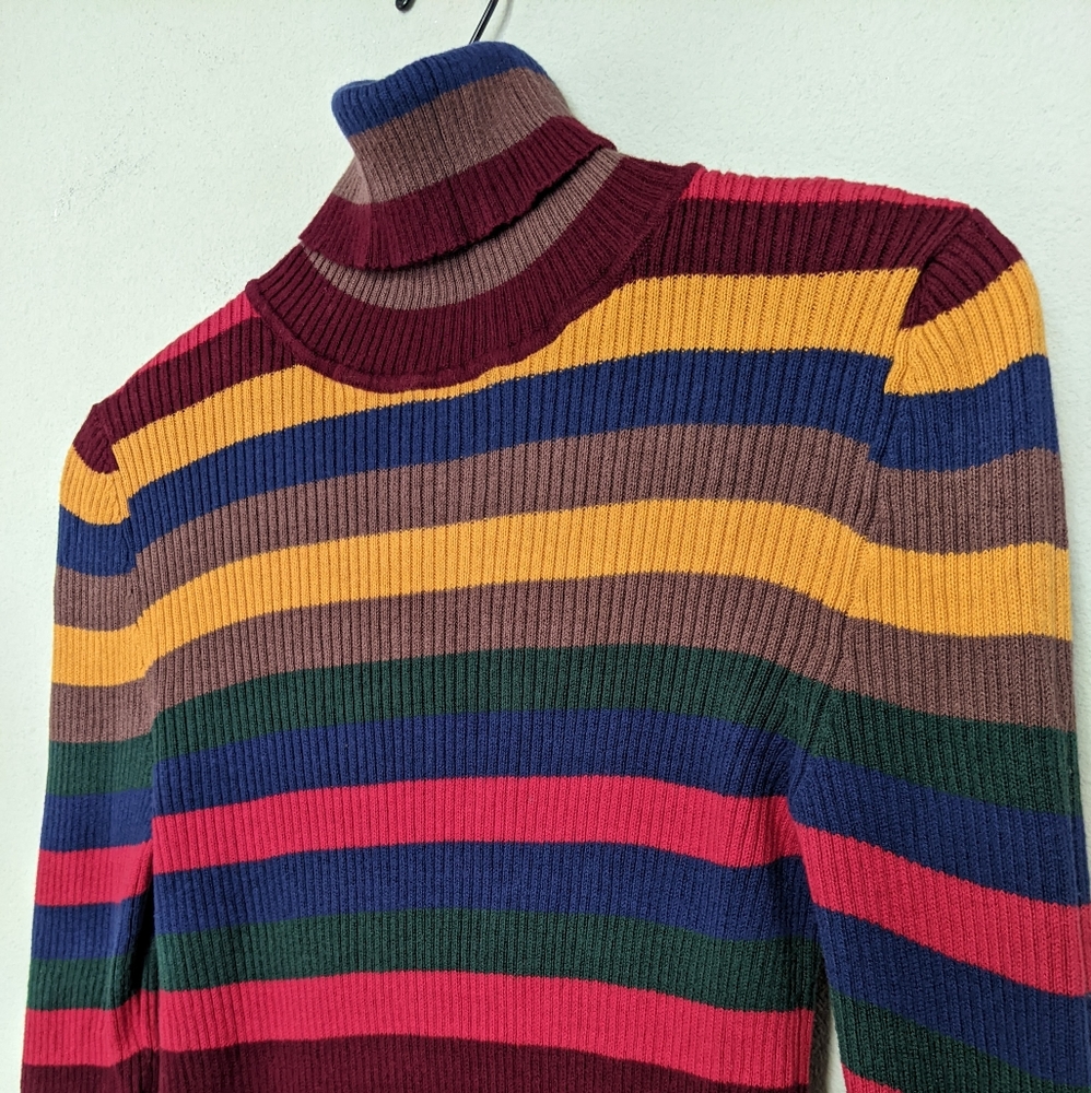 Multi color rib knit turtleneck long sleeve sweater top